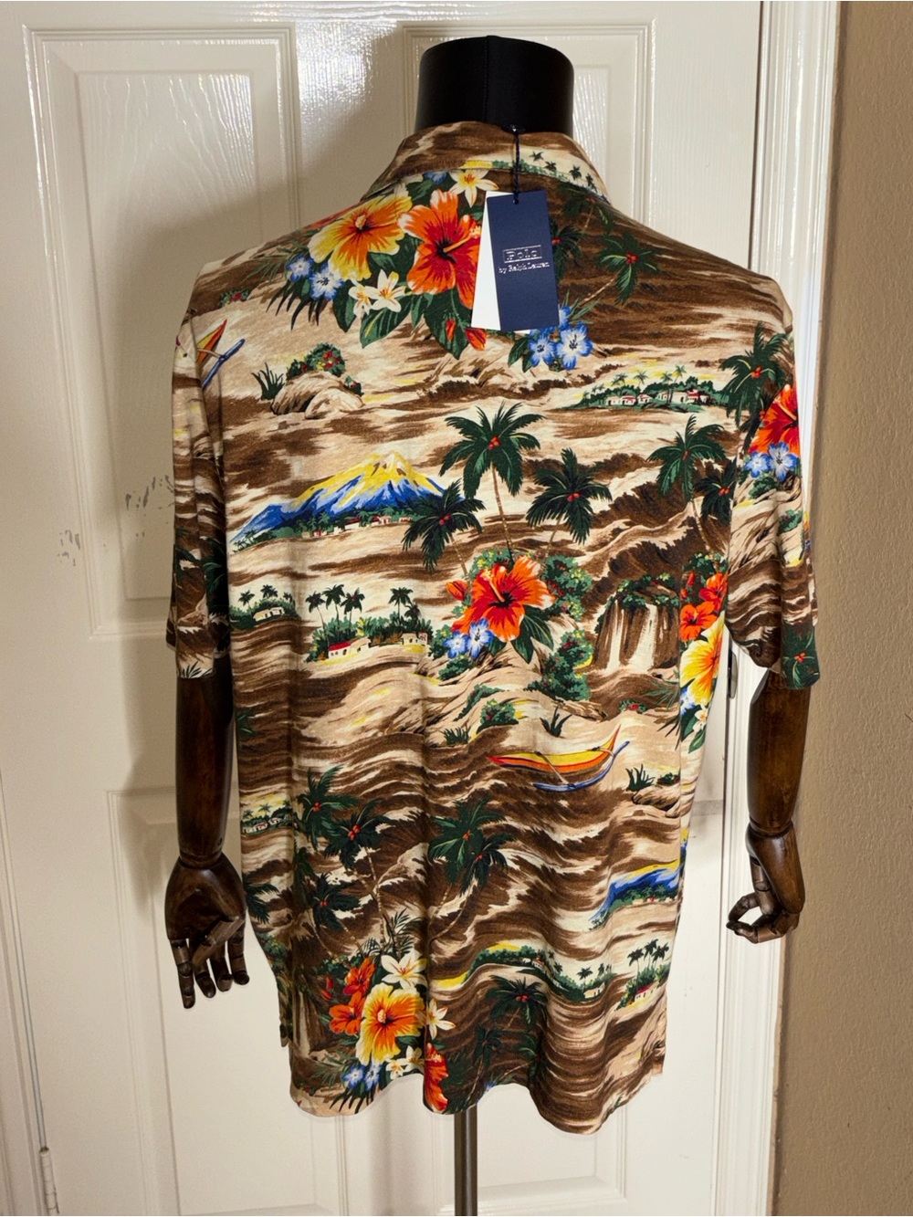Polo Ralph Lauren Brown TROPICAL PRINT Cotton Linen Blend Collared Polo Shirt - Picture 3 of 9
